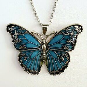 Necklace Light Blue Butterfly Oil Drop Enamel Sparkle Antique Silvery Finish